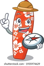 Diseño de mascota de Surfboard estilo explorador con brújula durante el viaje. Ilustración del vector