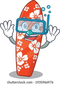 Surfboard mascot design swims with diving glasses. Vector illustration