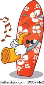 Surfboard musician of cartoon picture playing a trumpet on stage. Vector illustration