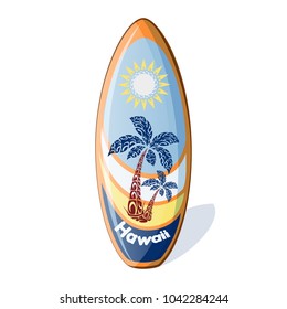 Surfboard with a national Hawaiian pattern from the palm trees and sun, and the inscription Hawaii. Holidays in the Hawaiian Islands. Vector illustration. Sports equipment in cartoon style.