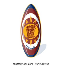 Surfboard with a national Hawaiian pattern from the tiki totem and sun, and the inscription Hawaii. Holidays in the Hawaiian Islands. Vector illustration. Sports equipment in cartoon style.