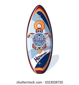 Surfboard with a national Hawaiian pattern from  turtle, stylized waves,  sun, and  inscription Hawaii. Holidays in the Hawaiian Islands. Vector illustration. Sports equipment in cartoon style.