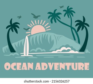 Surfboard and ocean silhouette with palm trees. Simple vector graphics.