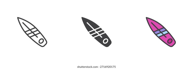 Tablas de surf para el icono de surf oceánico en línea, estilo colorido de contorno sólido y lleno. Icono de tabla de surf dos veces como signo de Vector, símbolo, color sport pack.