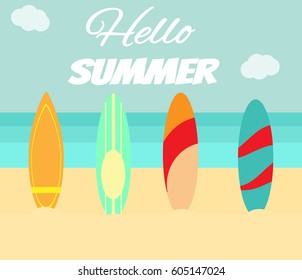 Surfboard on beach. Hello summer postcard