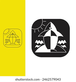 surfboard on the beach, logo design template sign. monoline style and silhouette stylish.
