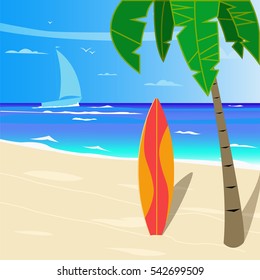 Surfboard on the beach next to a palm tree on a background of yachts