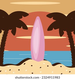 Surfboard on the Beach in Retro Style. Summer Vibes design for t-shirt print with Palm tree and Summer landscape. Vector art.