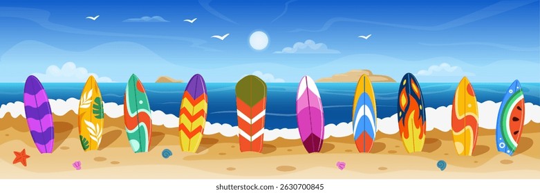 Surfboard on beach. Scene with Hawaii sand, colorful board with pattern. Landscape in summer wave. Tropical sport at sea. Ocean holiday. Sun coast paradise. Vector tidy cartoon isolated illustration
