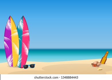 Surfboard on the beach scenery for summer concept. Graphic vector 