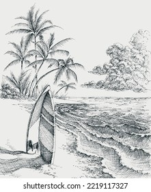 Surfboard on the beach, sea and palm trees in the background