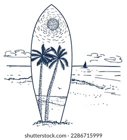 Surfboard en una playa. Estilo de esbozo. Surf paisaje vectorial de playa, vista panorámica con olas. Ilustración de tablas de surf en la arena. Esbozo vintage de tinta blanca y negra.