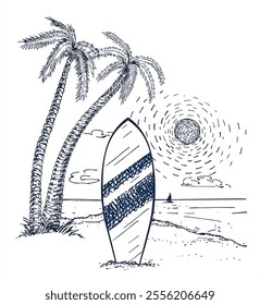 Surfboard on a beach. Sketch style. Surfing beach vector landscape, panorama view with waves and palm trees. Illustration of surf board in the sand. Black and white ink vintage sketch.