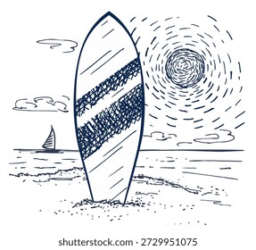 Tabla de surf en una playa. Estilo de boceto. Paisaje de Vector de playa de surf, vista panorámica con olas. Ilustración de tabla de surf en la arena. Boceto vintage de tinta en blanco y negro.