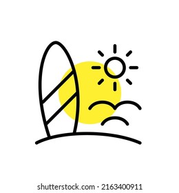 Surfboard on the beach. Surfing on a vacation. Pixel perfect, editable stroke line art icon