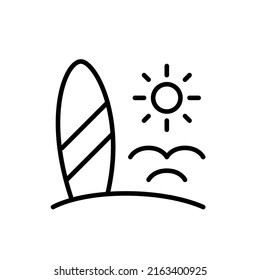 Surfboard on the beach. Surfing on a vacation. Pixel perfect, editable stroke line icon