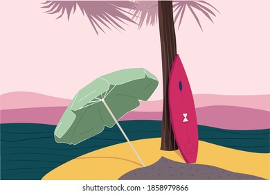 
surfboard on the beach under a palm tree