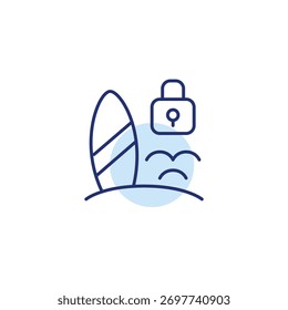 Tabla de surf en la playa, olas y cerradura. Vacaciones y vacaciones seguras. Icono de Vector de trazo perfecto y editable