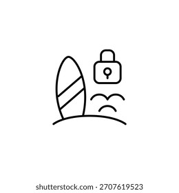 Surfbrett am Strand, Wellen und Schleuse. Sicherer Urlaub und Urlaub. Pixel perfekt, bearbeitbares Strichvektorsymbol