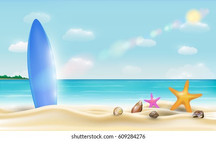 surfboard on a beautiful bright sea sand beach vector