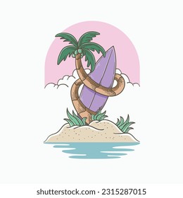 Surfboard on the island. Vector illustration in doodle style