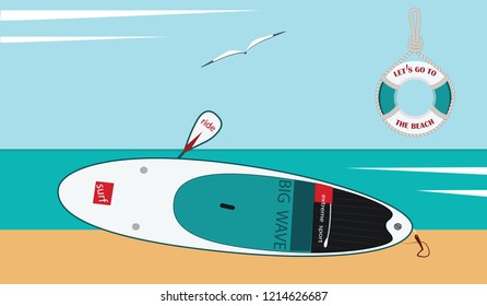Surfboard on the ocean - Lifebuoy - seagulls, sky, - flat style - illustration, vector
