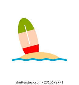 Surfboard on sand beach with wave water sea icon flat vector design