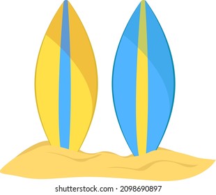 Surfboard on sand, illustration, vector on a white background.