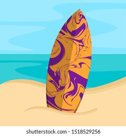 Surfboard on a sea landscape. Vactions time - Vector illustration