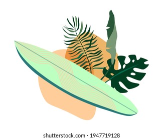 Surfboard on tropic leaves and hand drawn abstract shapes on white background vector illustration EPS10