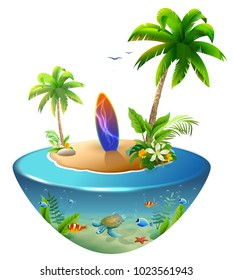 Surfboard on tropical island. Paradise beach of palm trees, sea, sun and sand. Isolated on white vector cartoon 3d illustration