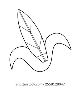 Surfboard on a wave in black outline. Doodle clip art for your projects.