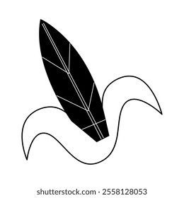 Surfboard on a wave in black and white colors. Doodle clip art for your projects.