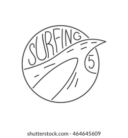 surfboard on wave, vector graphic art illustration logo, isolated on white background.