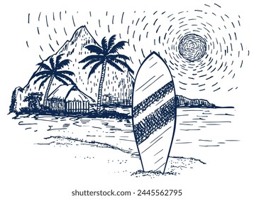 
Tabla de surf, tabla de remo en la arena. Palma, arena, océano en el fondo. Párate a remar. Ilustración vectorial de bocetos. Dibujo a mano Paisaje de playa