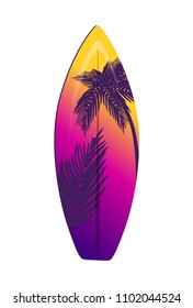 Surfboard with palm and gradient background. Board to ride sea waves that has tropical tree leaves. Stylish device for sport vector illustration.