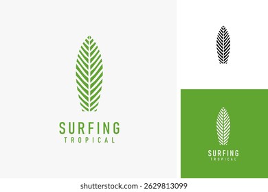 Surfboard e folhas de palma para um design de ícone de símbolo de surfe tropical
