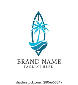 Surfboard and palm tree beach tropical logo template