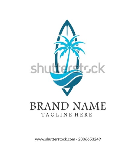 Surfboard and palm tree beach tropical logo template