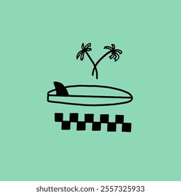 surfboard and palm tree with blue background