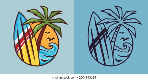 Surfboard with palm tree in different styles. Surfing concept art.
