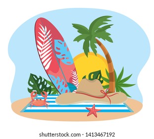 surfboard with palm tree and hat with crab in the towel