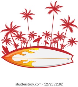 surfboard with palm tree isoalted on white. vector illustration