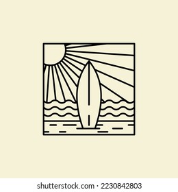 Surfboard and palm tree on beach with beach sign for surfing area. in the style of lineart vector. Travel adventure and water sport. relaxation and summer vacation concept.