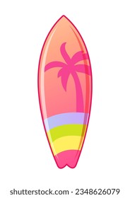 Surfboard with palm tree and rainbow on white background. Pink aesthetic. Vector illustration. 