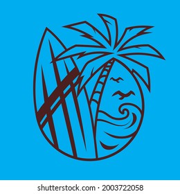 Surfboard con palmera. Arte conceptual de surf en estilo monocromo.