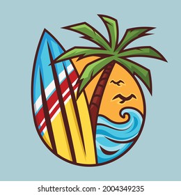 Surfboard with palm tree. Surfing concept art in cartoon style.