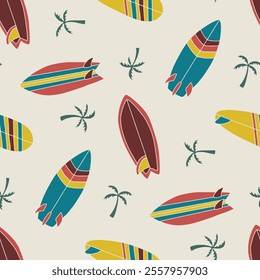 Surfboard Palm Tree Vector Seamless Pattern illustration for Print, Wallpaper, Decoration.