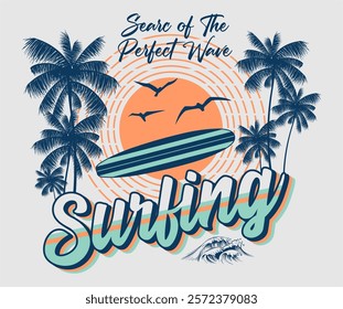 Surfboard with palm tree, wave. Summer vector design for apparel, stickers, posters, background and others. Surf club vector design