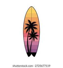 Tabla de surf con las palmeras en un fondo de la puesta del sol